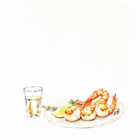 Pairs with white wines and seafood — watercolor illustration, The Private Chef