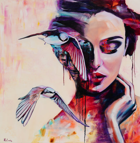 Figurative painting by Pavlinsky — woman with birds, expressive pink and violet palette