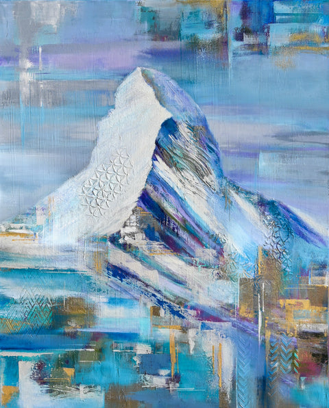 Textured Matterhorn painting by Pavlinsky — white relief with flower of life, blue and gold tones