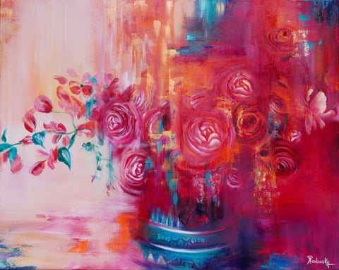 Pink roses painting by Pavlinsky — warm magenta palette, abstract floral realism
